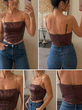 A Peach Brown Satin Corset Top Chain Straps Bustier Crop Top Size